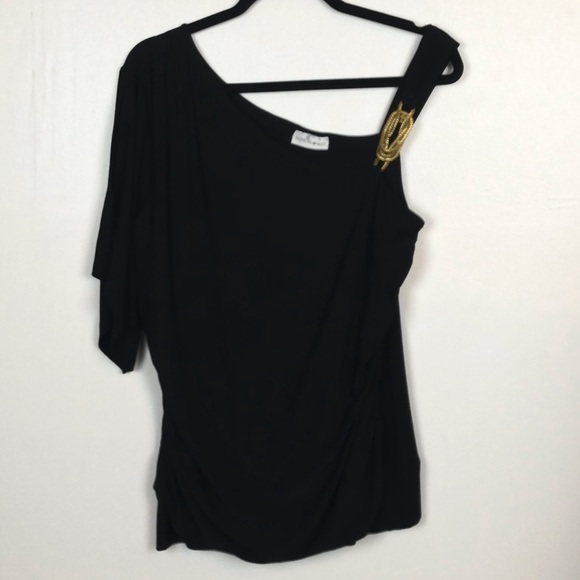 Fashion Bug Blouse Off One Shoulder Top Holiday Black Gold accent Women Small - Picture 1 of 8